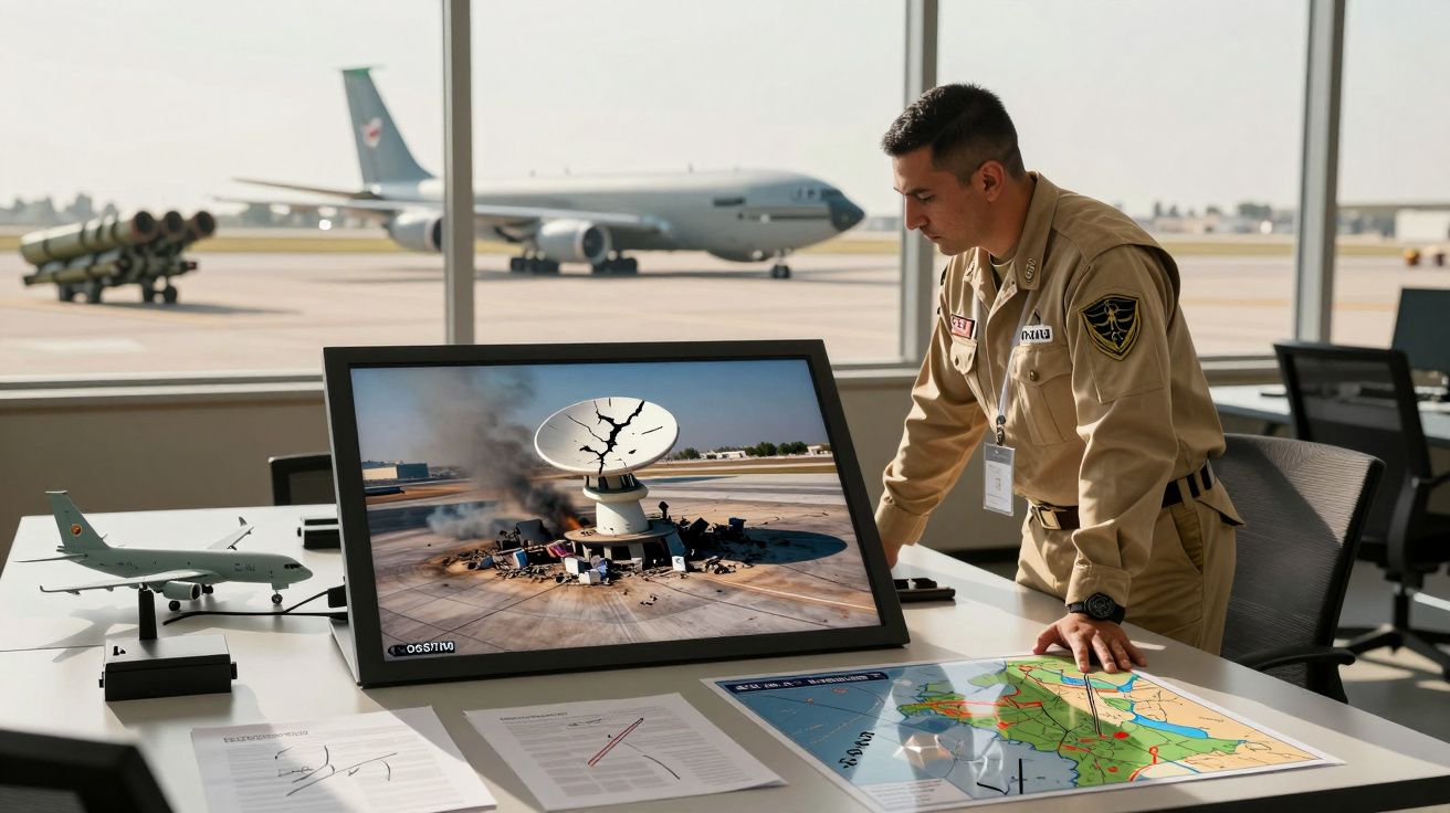 Homem militar observa imagem de estação danificada em ecrã, com mapa e modelo de avião sobre mesa em aeroporto.