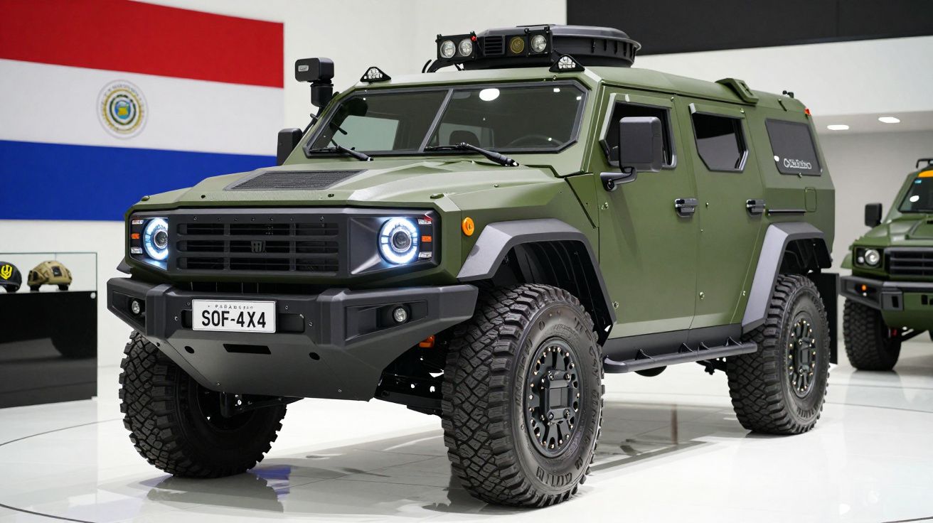 Veículo blindado militar verde com pneus todo-o-terreno exposto em salão com bandeira do Paraguai.