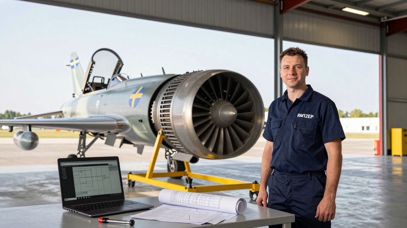 Homem de azul em hangar junto a motor de avião, mesa com portátil e documentos técnicos.