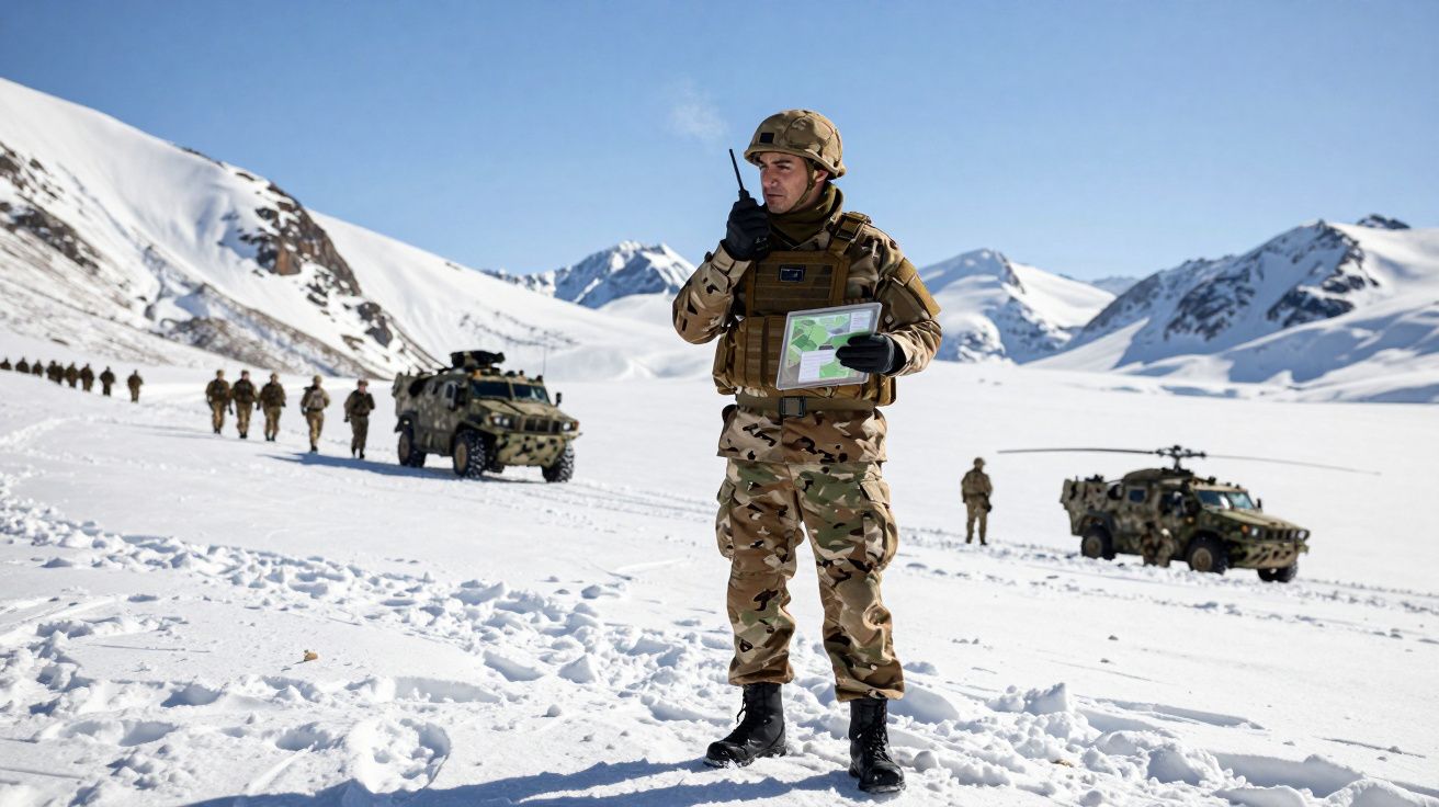 Soldado com uniforme camuflado comunica por rádio em terreno nevado com veículos militares e montanhas ao fundo.