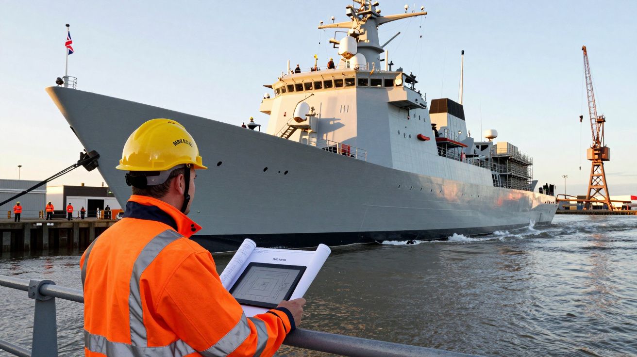 Trabalhador com capacete e colete laranja observa grande navio de guerra atracado no porto.