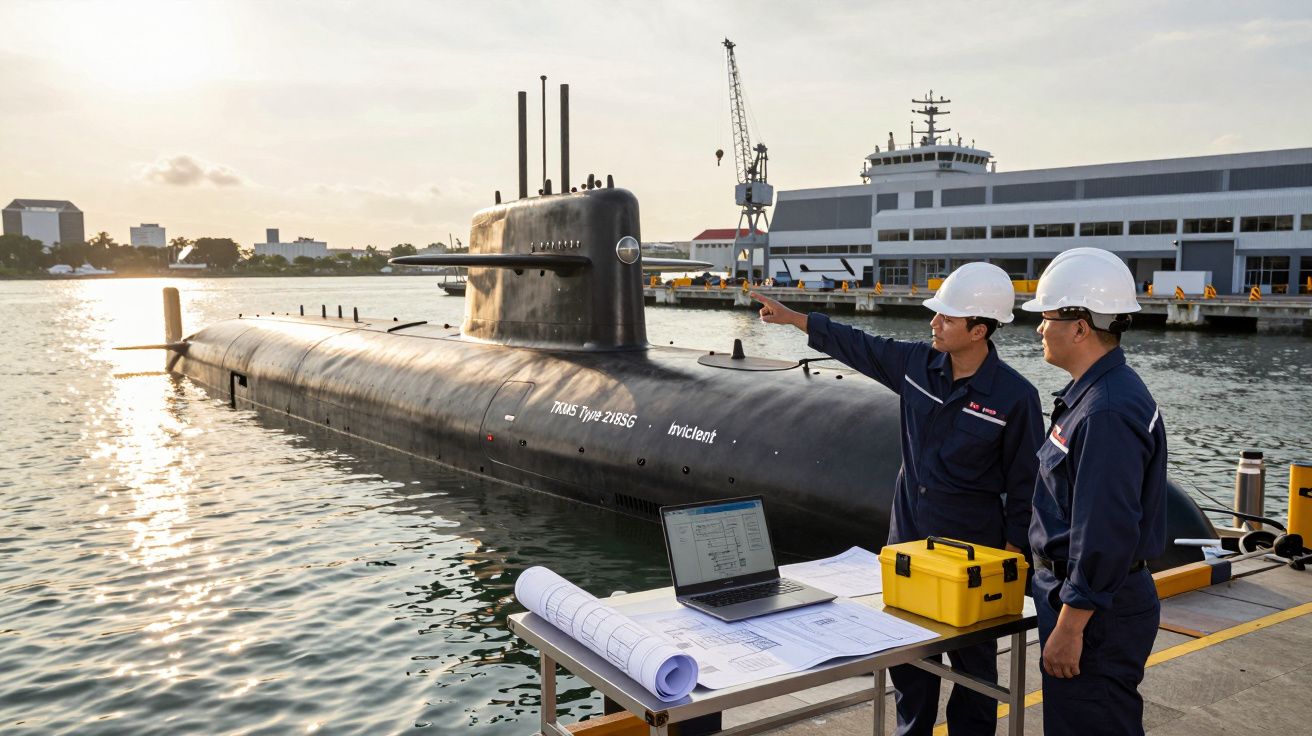 Dois engenheiros com capacetes à beira de um submarino preto com plantas e computador à sua frente.