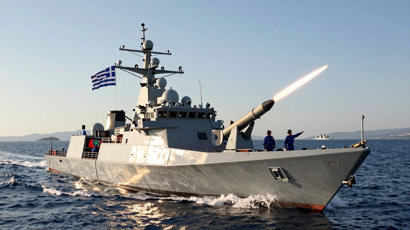 Navio de guerra grego a disparar míssil sobre o mar com tripulação no convés e bandeira da Grécia.