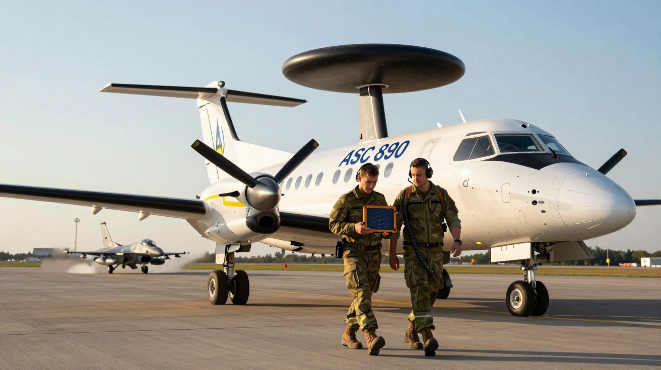 Dois militares em uniforme caminham junto a um avião de vigilância aérea no aeroporto ao pôr do sol.