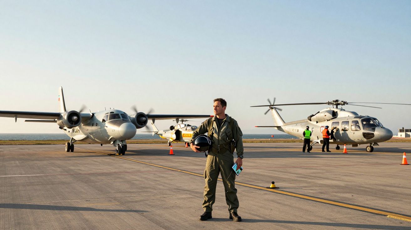 Piloto em fato de voo com capacete na mão em frente a dois aviões e um helicóptero numa pista de aeroporto.