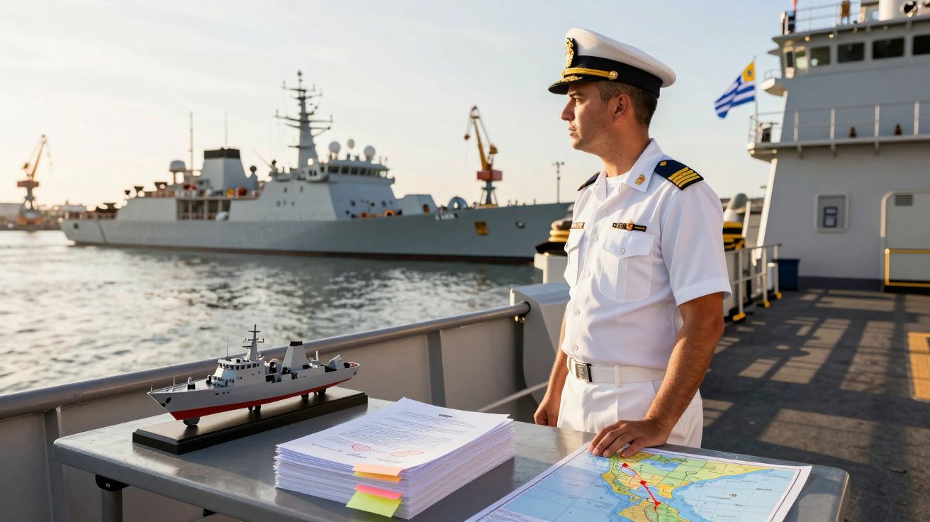 Oficial da marinha em uniforme branco observa o mar a bordo de navio com mapa e maquete de fragata numa mesa.