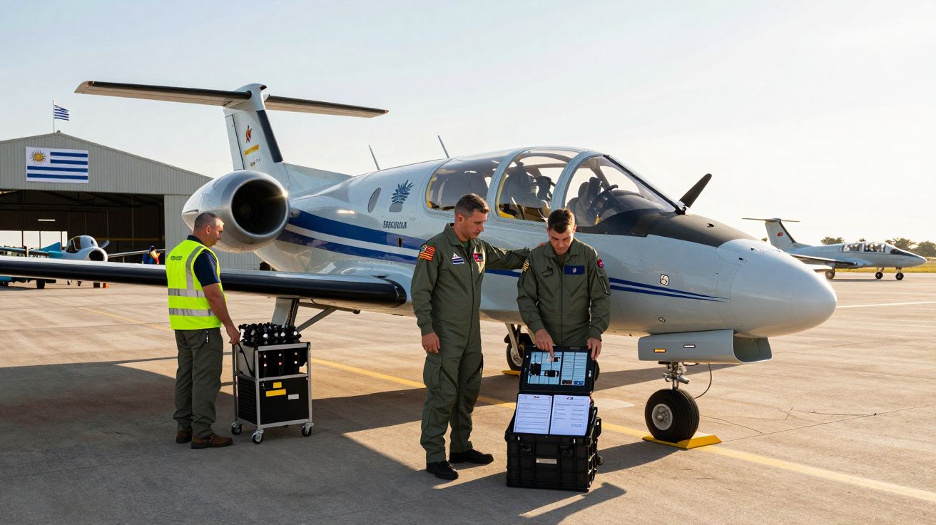 Dois pilotos em uniforme inspecionam documentos ao lado de um avião pequeno num aeroporto ao entardecer.