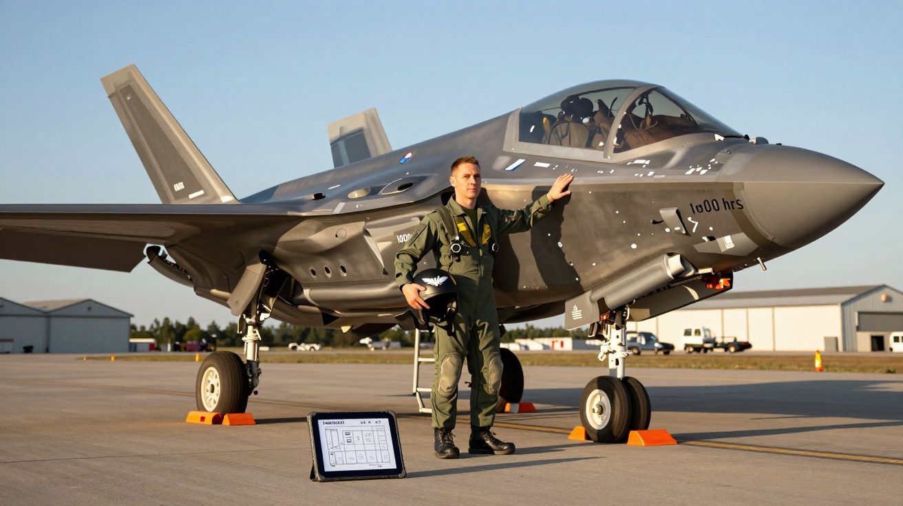Piloto em fato verde apoiado numa aeronave militar furtiva estacionada num aeroporto ao entardecer.