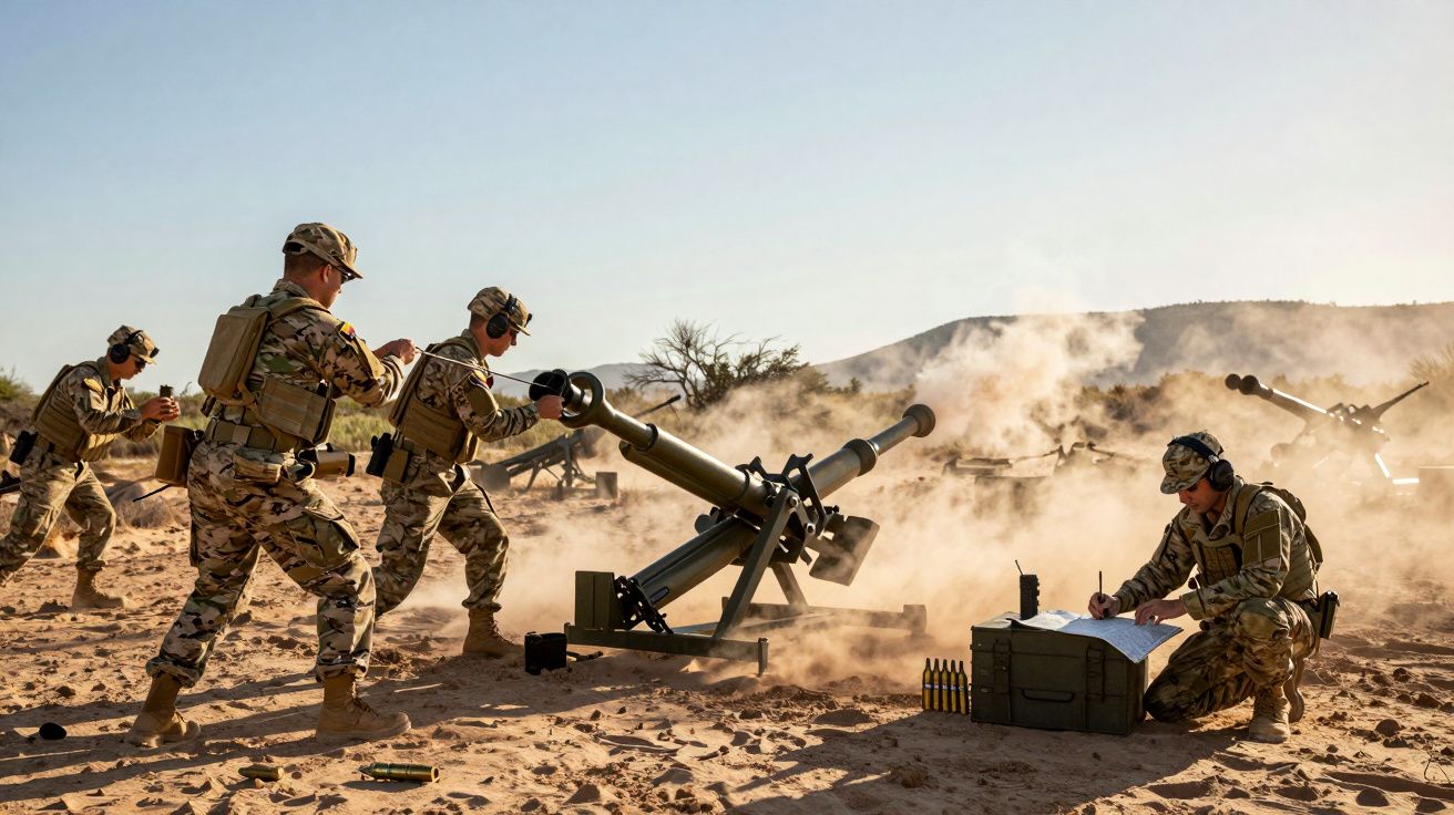 Soldados em uniformes camuflados operam morteiros em terreno árido com colinas ao fundo ao amanhecer.