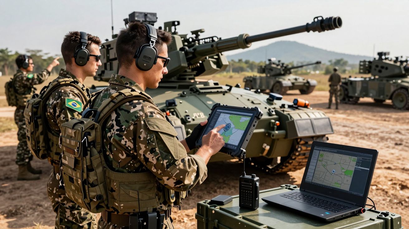 Soldados brasileiros com equipamento militar e mapas digitais perto de veículos blindados em terreno aberto.