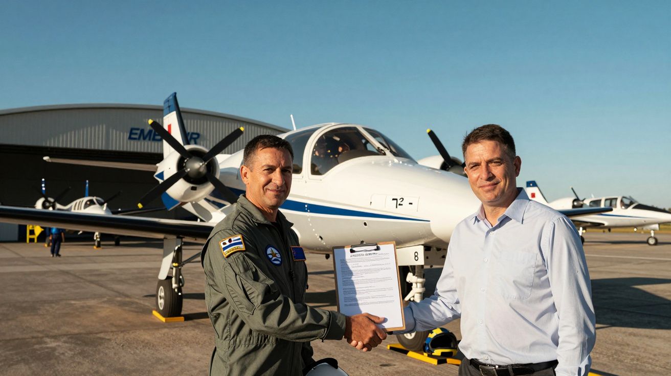 Dois homens cumprimentam-se à frente de um avião estacionado num aeroporto, um com fato de piloto e outro com camisa azul.