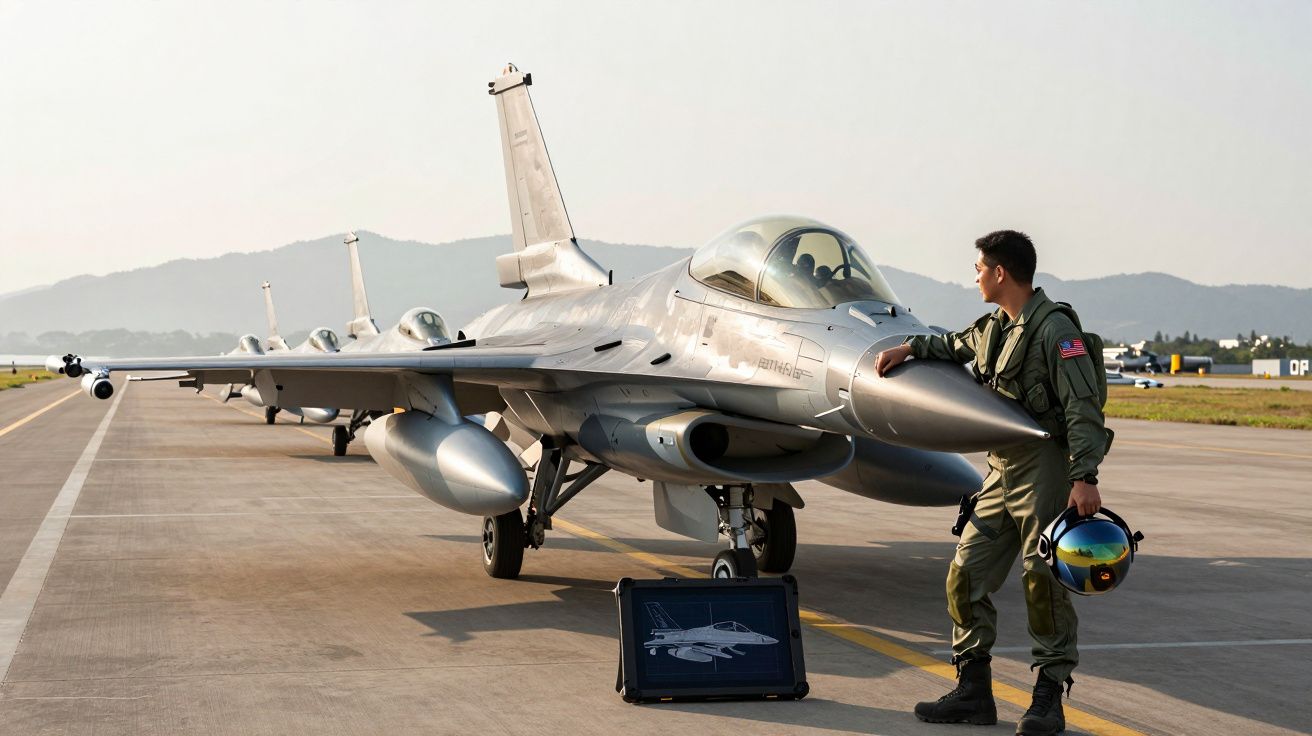Piloto militar com fato de voo toca num caça F-16 estacionado numa pista de aviação, com capacete na mão.