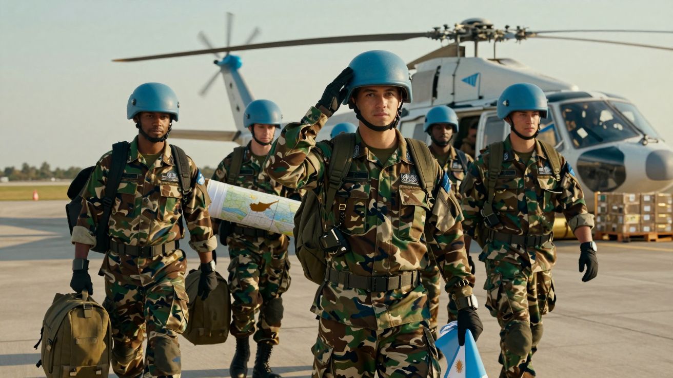 Grupo de soldados em uniforme camuflado e capacetes azuis a caminhar próximo a um helicóptero no pátio.