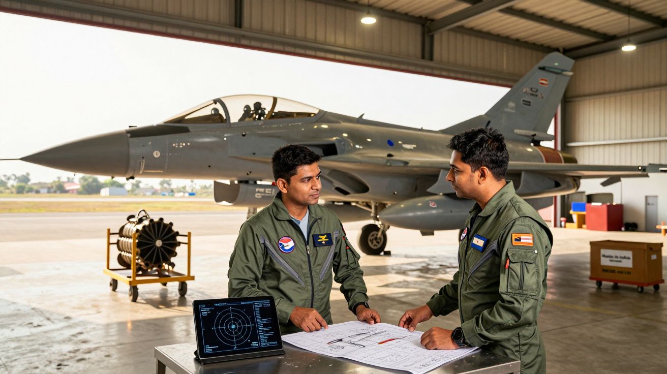 Dois pilotos em fatos verdes consultam planos num hangar com um caça militar cinzento ao fundo.