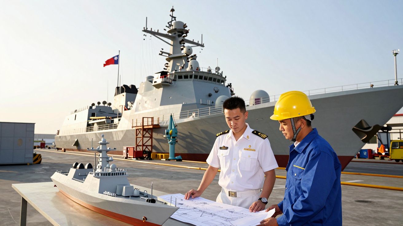 Dois homens, um em uniforme naval e outro com capacete amarelo, analisam planos junto a modelo de navio militar no porto.