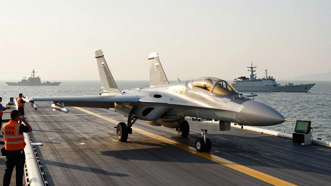 Caça militar na pista de um porta-aviões com dois navios no mar ao fundo.