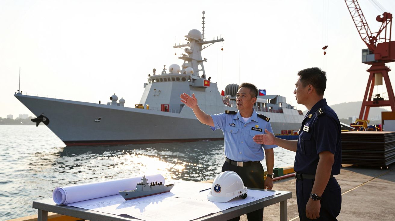 Dois oficiais navais junto a um modelo de navio e planta, com um navio militar atracado ao fundo.