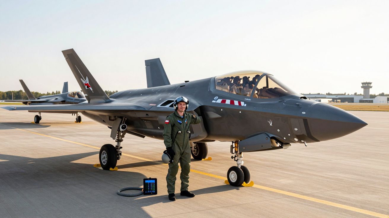 Piloto de caça em uniforme verde está ao lado de avião militar preto estacionado numa pista de aeroportos.