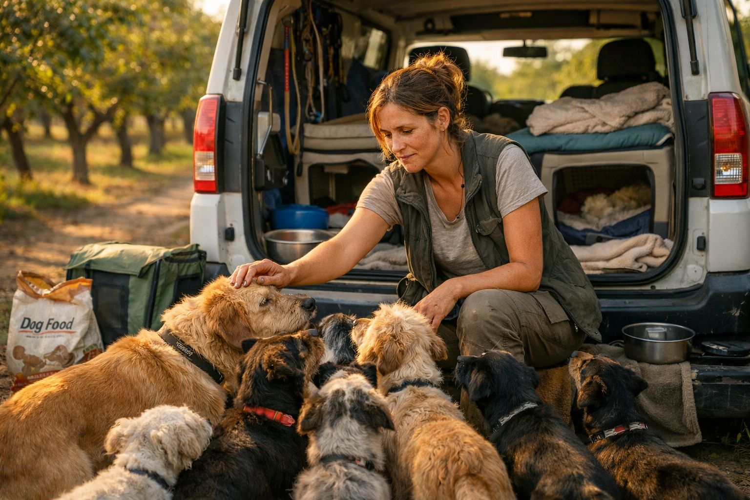 Mulher a alimentar e acariciar vários cães à entrada de uma carrinha com material de passeio ao ar livre.