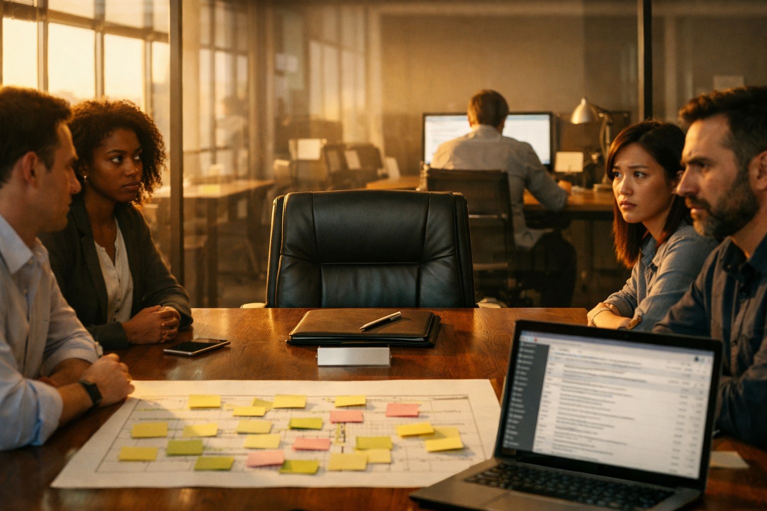 Quatro pessoas numa reunião de trabalho à volta de uma mesa com post-its e computadores num escritório moderno.