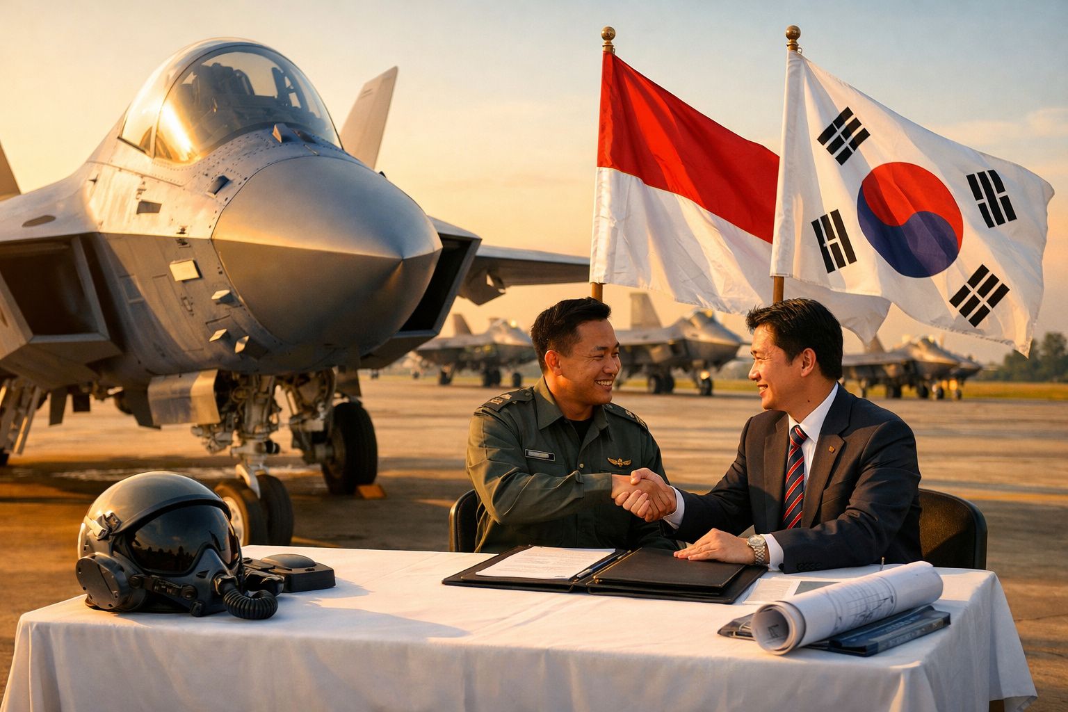 Dois homens apertam as mãos à frente de caças militares, com bandeiras da Indonésia e Coreia do Sul ao fundo.