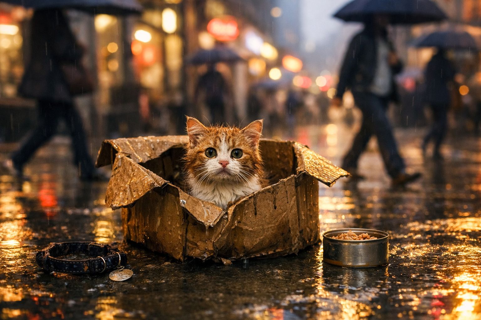 Gato molhado sentado numa caixa de cartão numa rua molhada à noite, com pessoas a passar ao fundo.