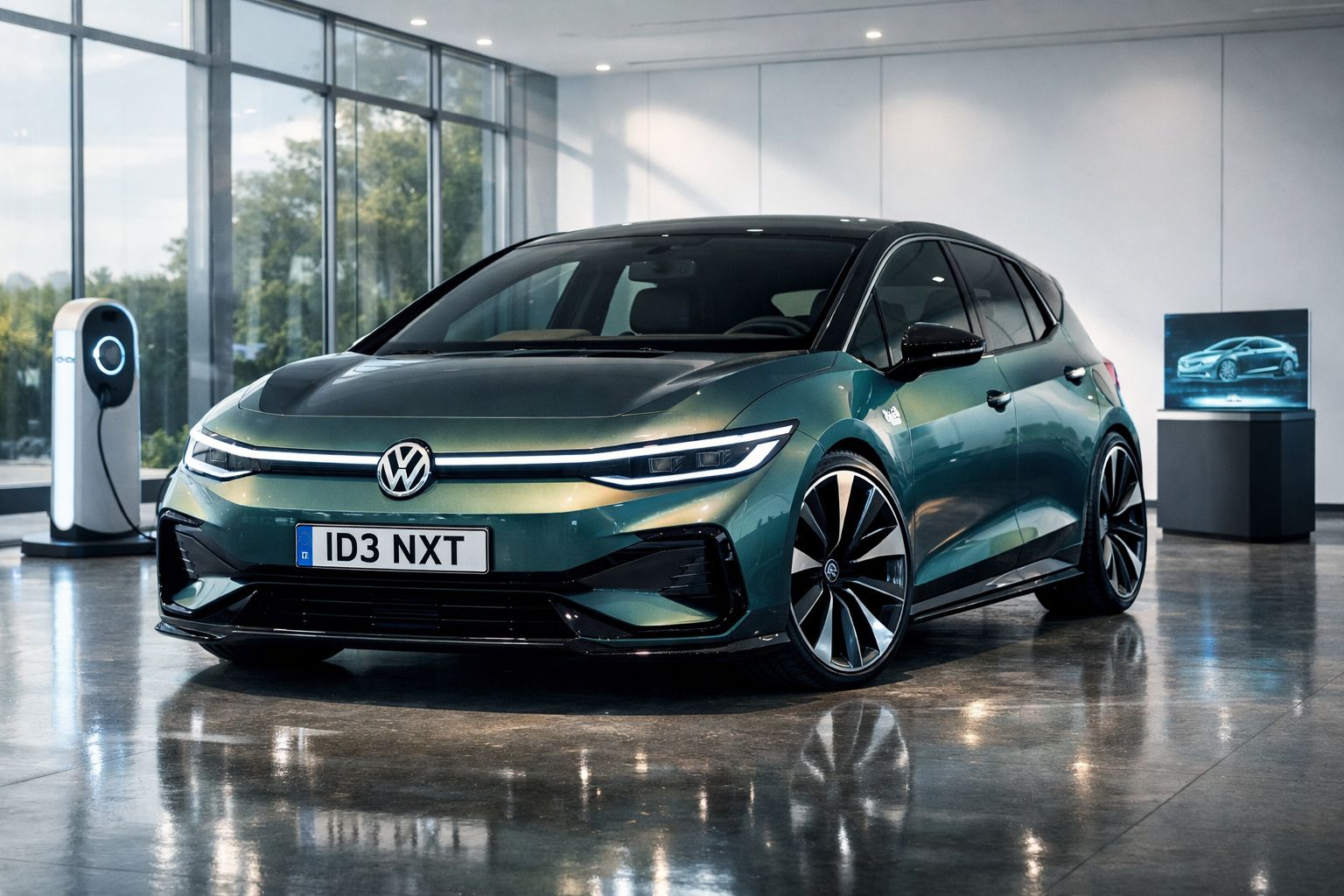 Volkswagen ID.3 NXT verde metálico estacionado em showroom moderno com estação de carregamento elétrica.
