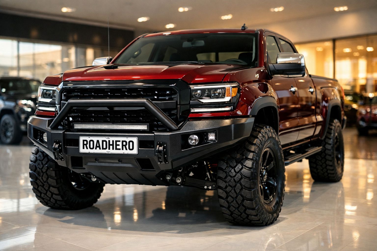 Picape robusta vermelha em showroom com rodas todo-o-terreno e placa personalizada "ROADHERO".