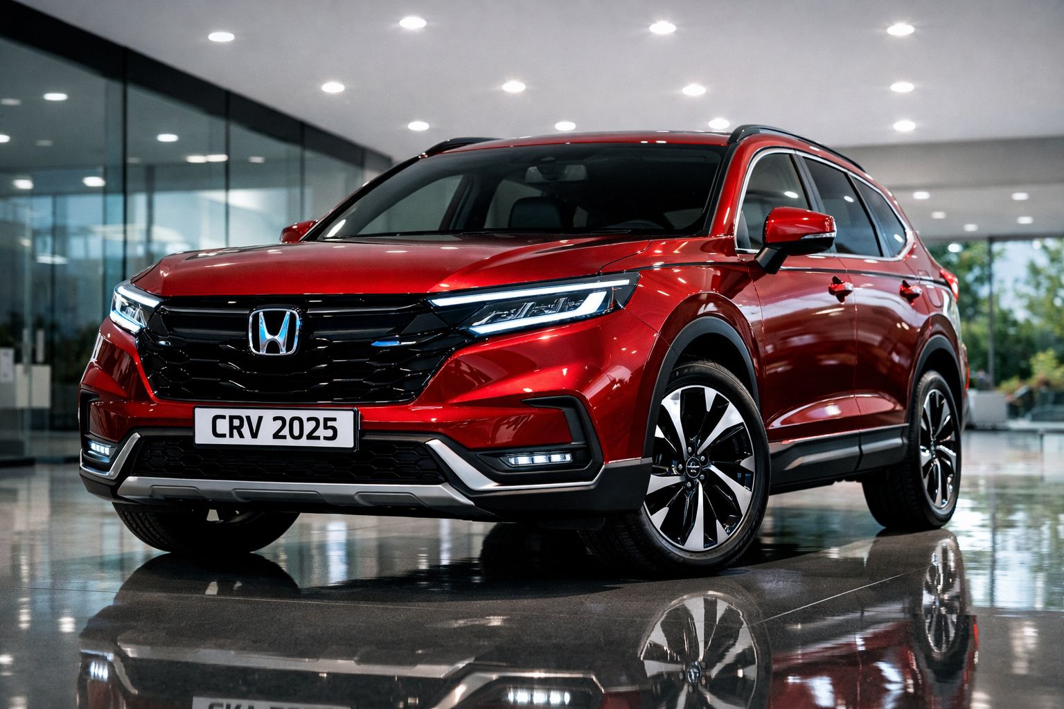 Carro SUV Honda CR-V 2025 vermelho em exposição num showroom moderno com chão refletor.