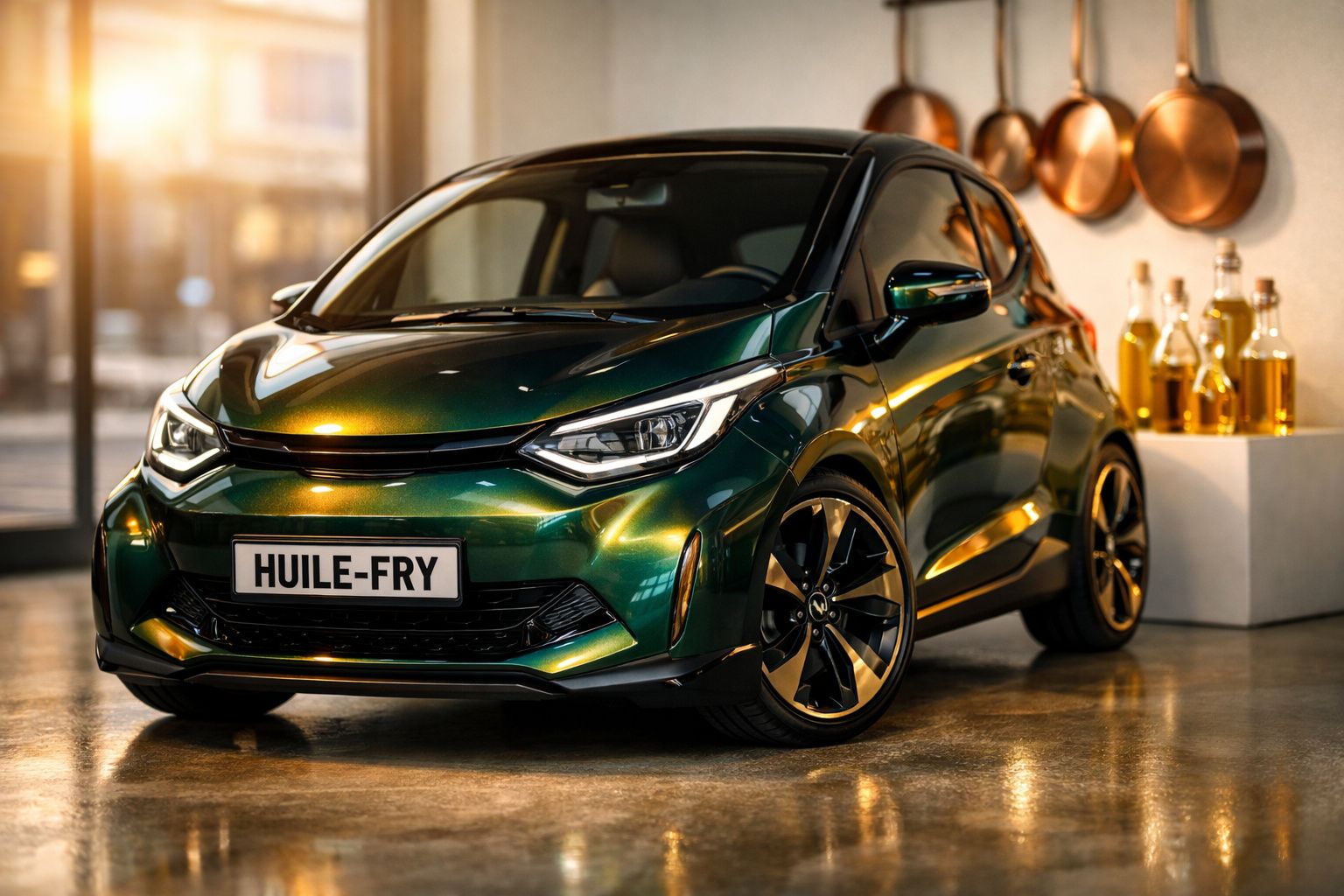 Carro verde metálico estacionado em piso interior com luz natural e panelas penduradas ao fundo.