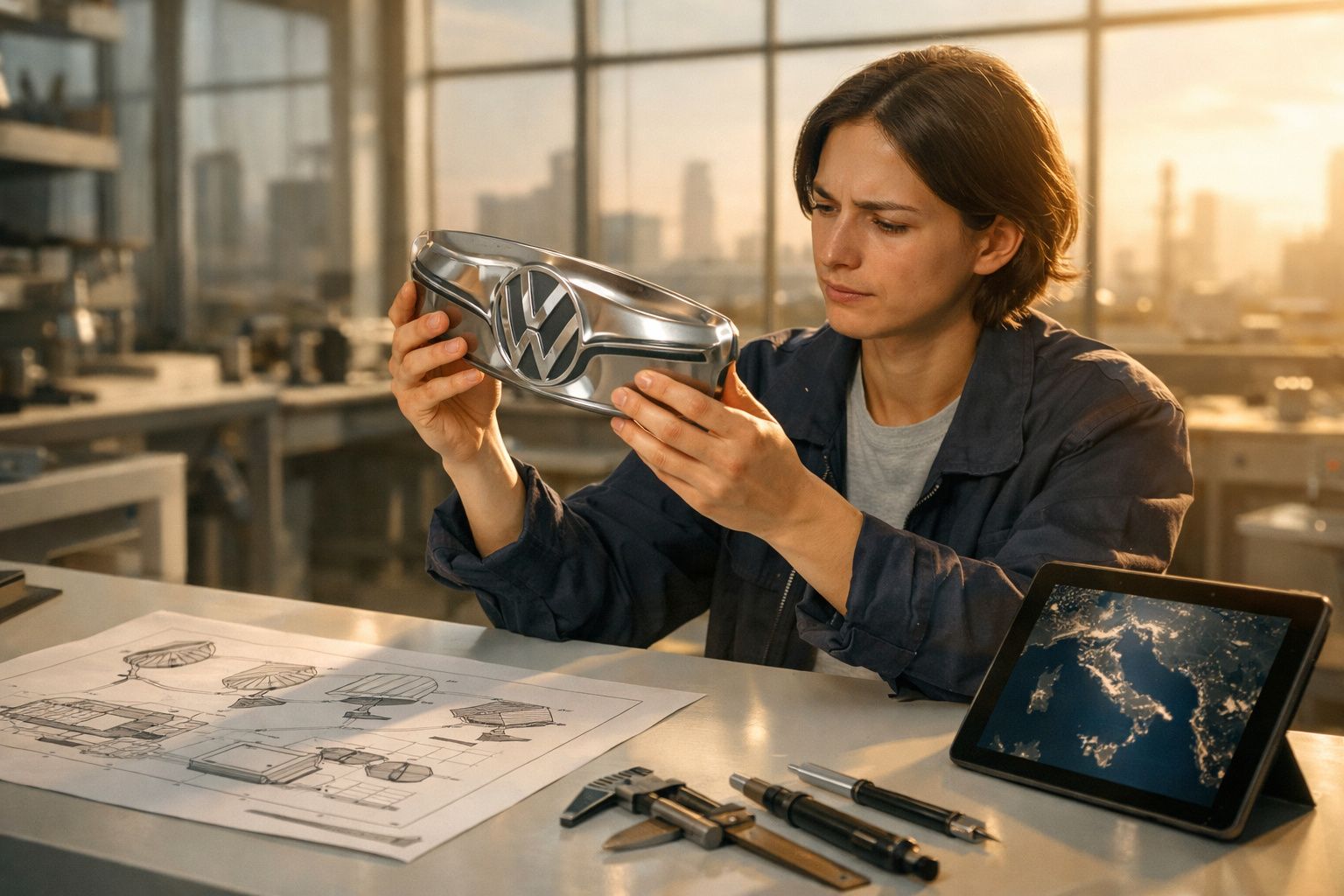 Engenheira mulher analisa protótipo metálico com logo da Volkswagen numa oficina iluminada ao pôr do sol.