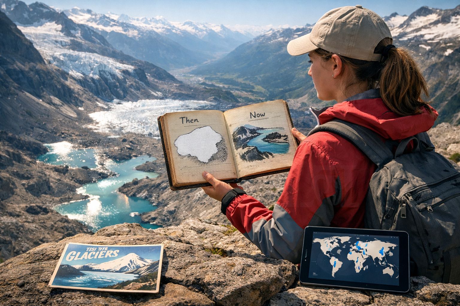 Mulher com livros sobre glaciares antigamente e atualmente, rodeada por montanhas e geleiras.