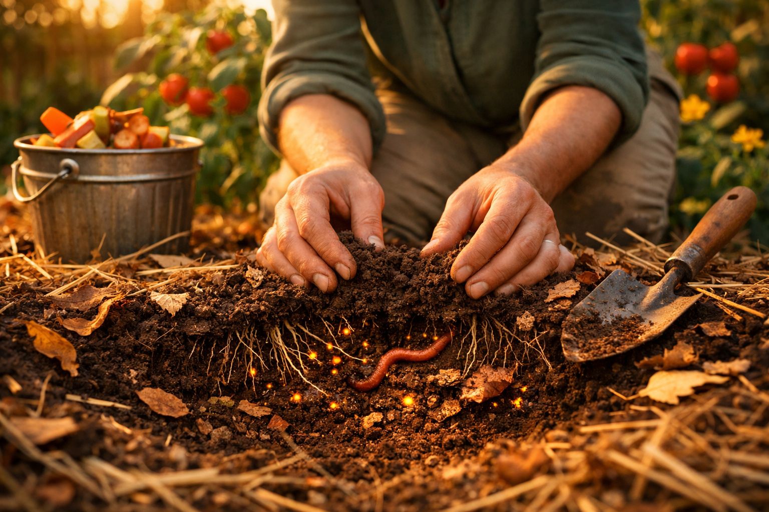 Mãos a mexer terra num jardim, revelando raízes e uma minhoca sob solo fértil com uma pá ao lado.