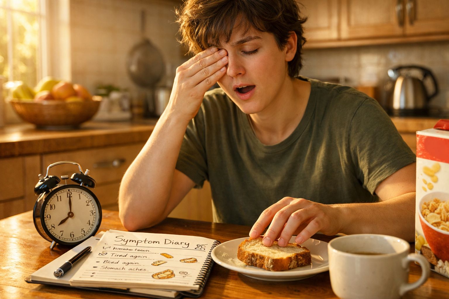 Jovem com sono esfrega os olhos na cozinha ao pequeno-almoço com diário de sintomas, torrada e chá.