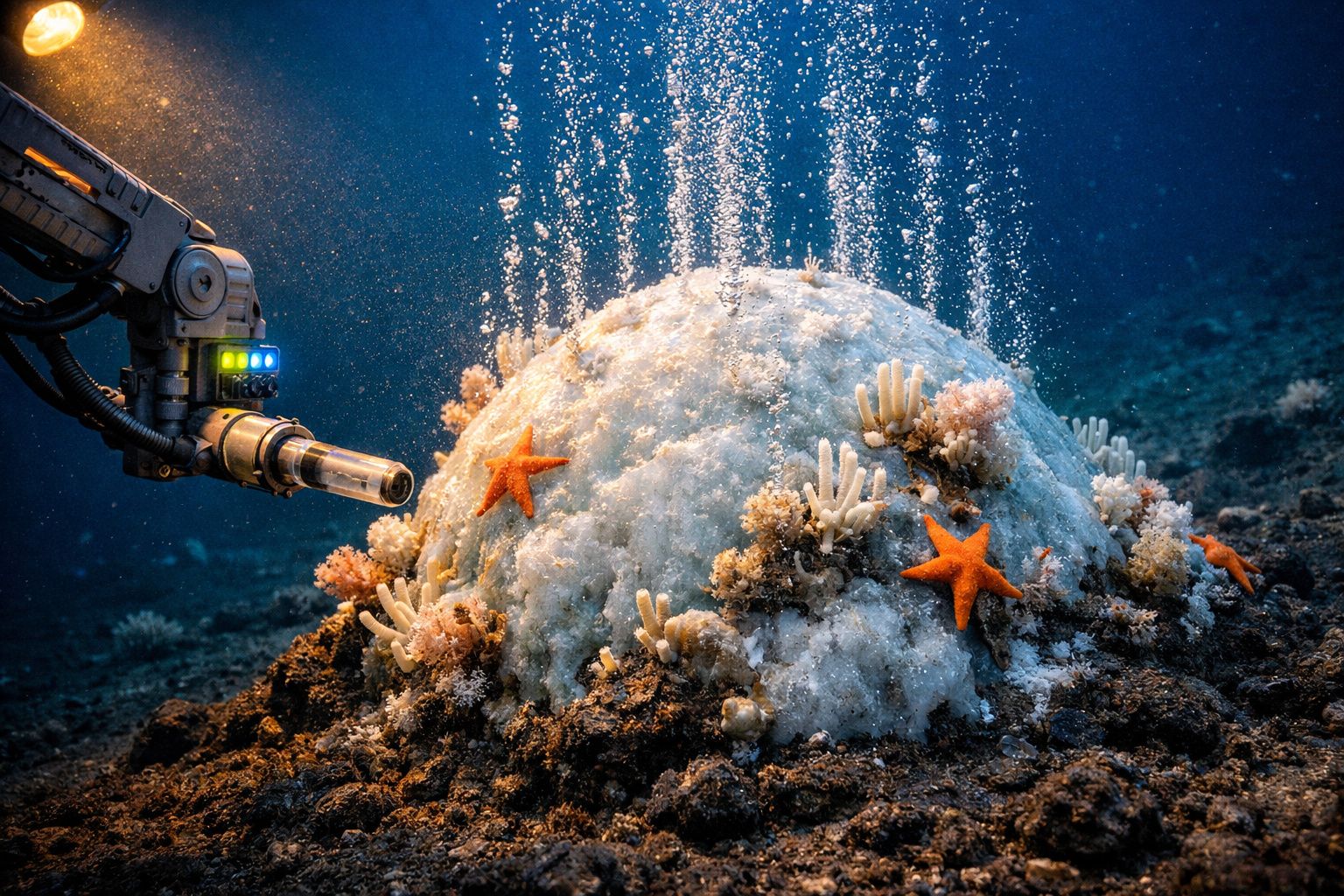 Braço robótico subaquático a examinar corais e estrelas-do-mar numa formação oceânica com bolhas.