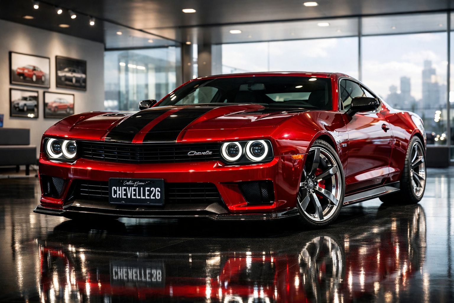 Carro desportivo vermelho Chevelle com riscas pretas em exposição num showroom moderno.