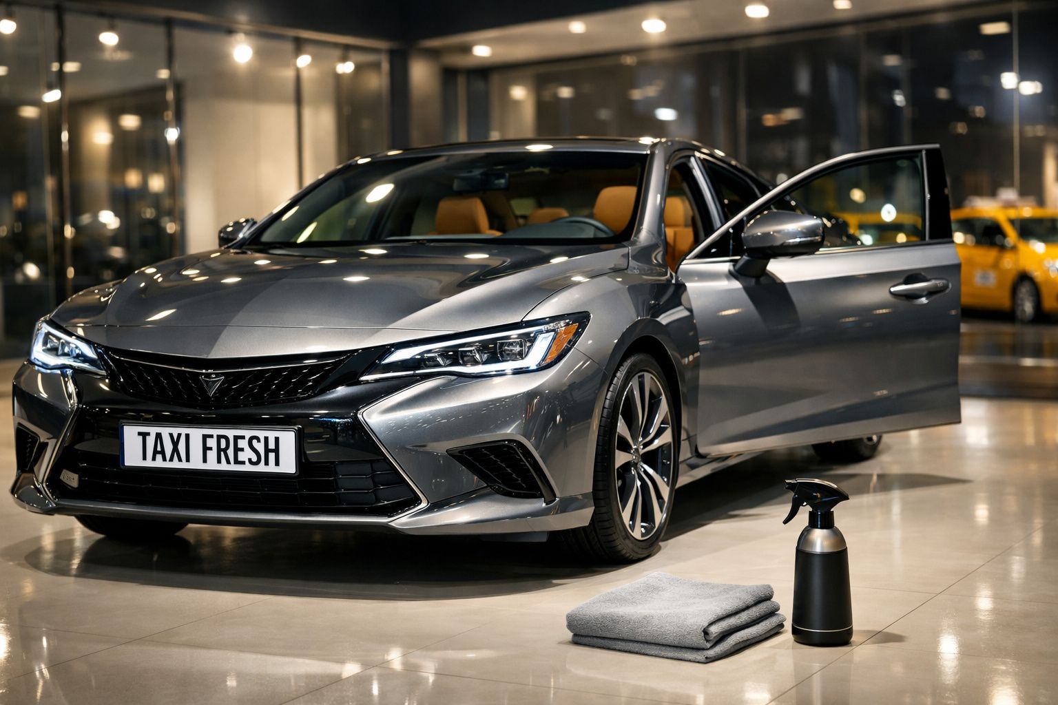 Automóvel cinzento brilhante com porta aberta em garagem, ao lado de spray de limpeza e pano cinzento.