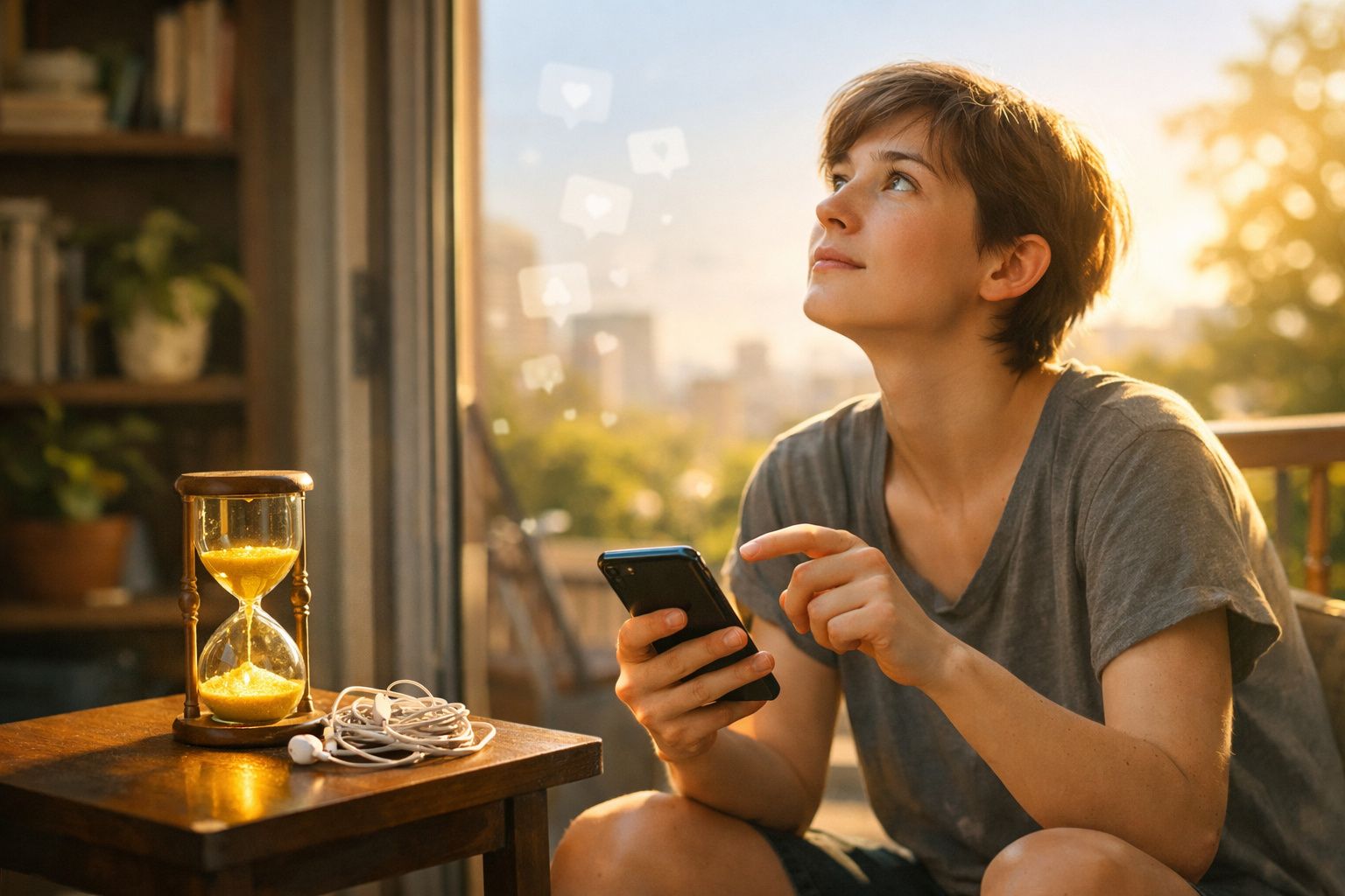 Pessoa sentada a usar telemóvel com ampulheta e auscultadores numa mesa, em ambiente iluminado e natural.