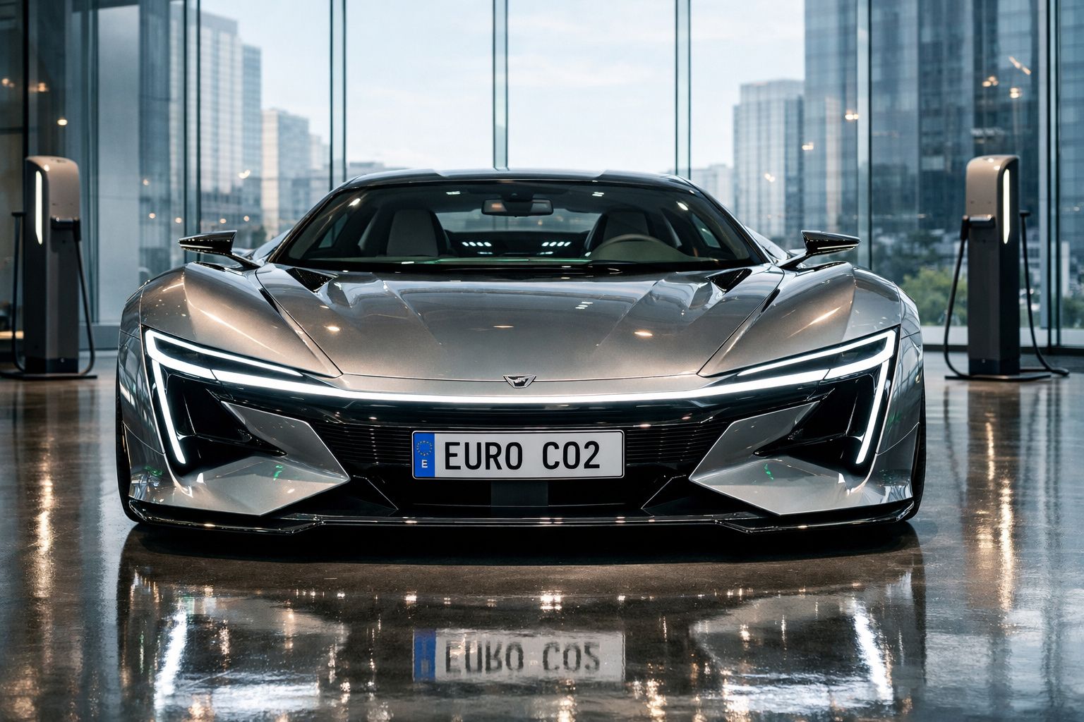 Carro elétrico esportivo prateado estacionado numa sala com grandes janelas e carregadores elétricos ao fundo.