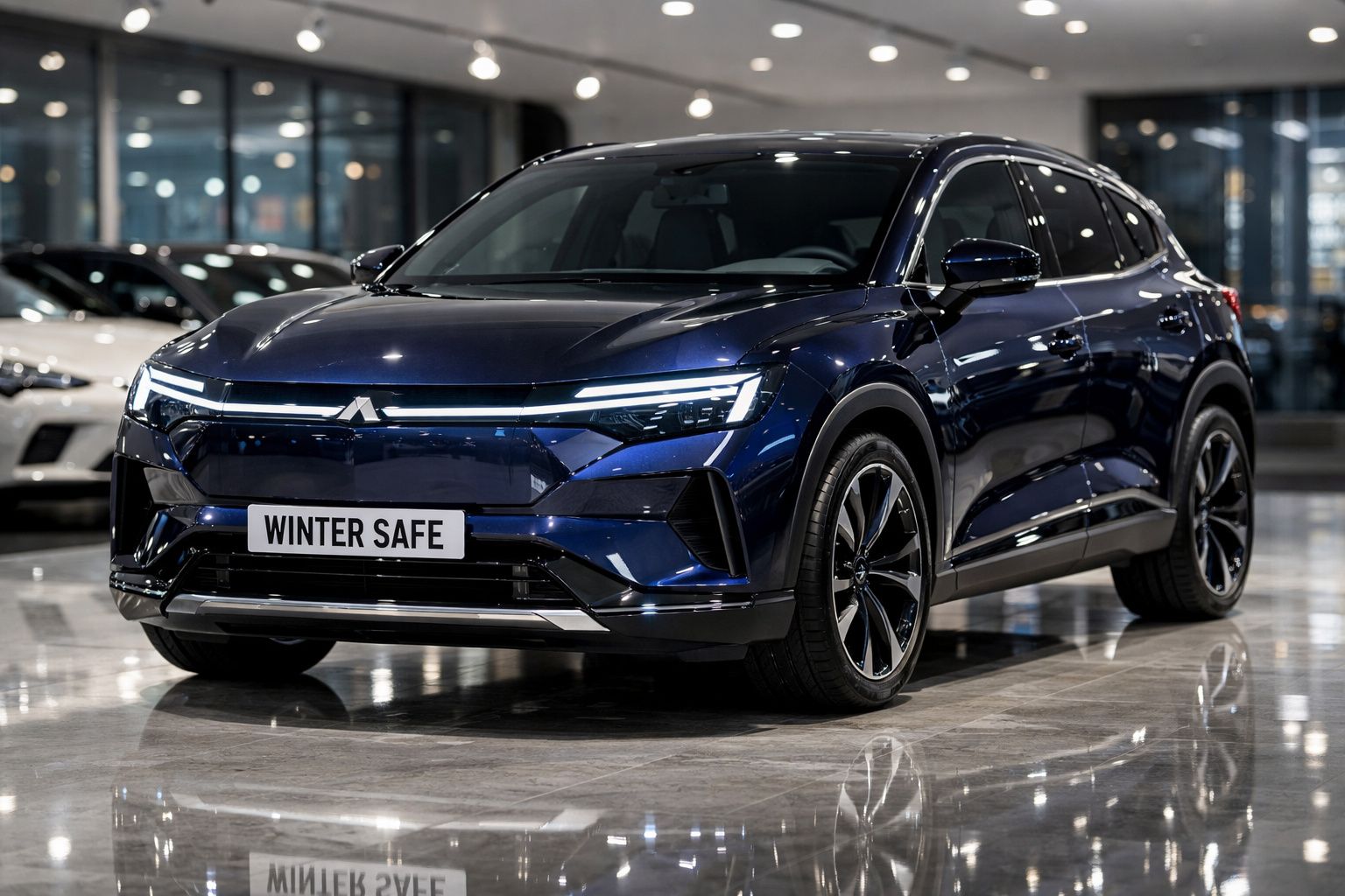 Carro SUV elétrico azul escuro estacionado em salão de exposições com piso refletor e luzes LED ligadas.