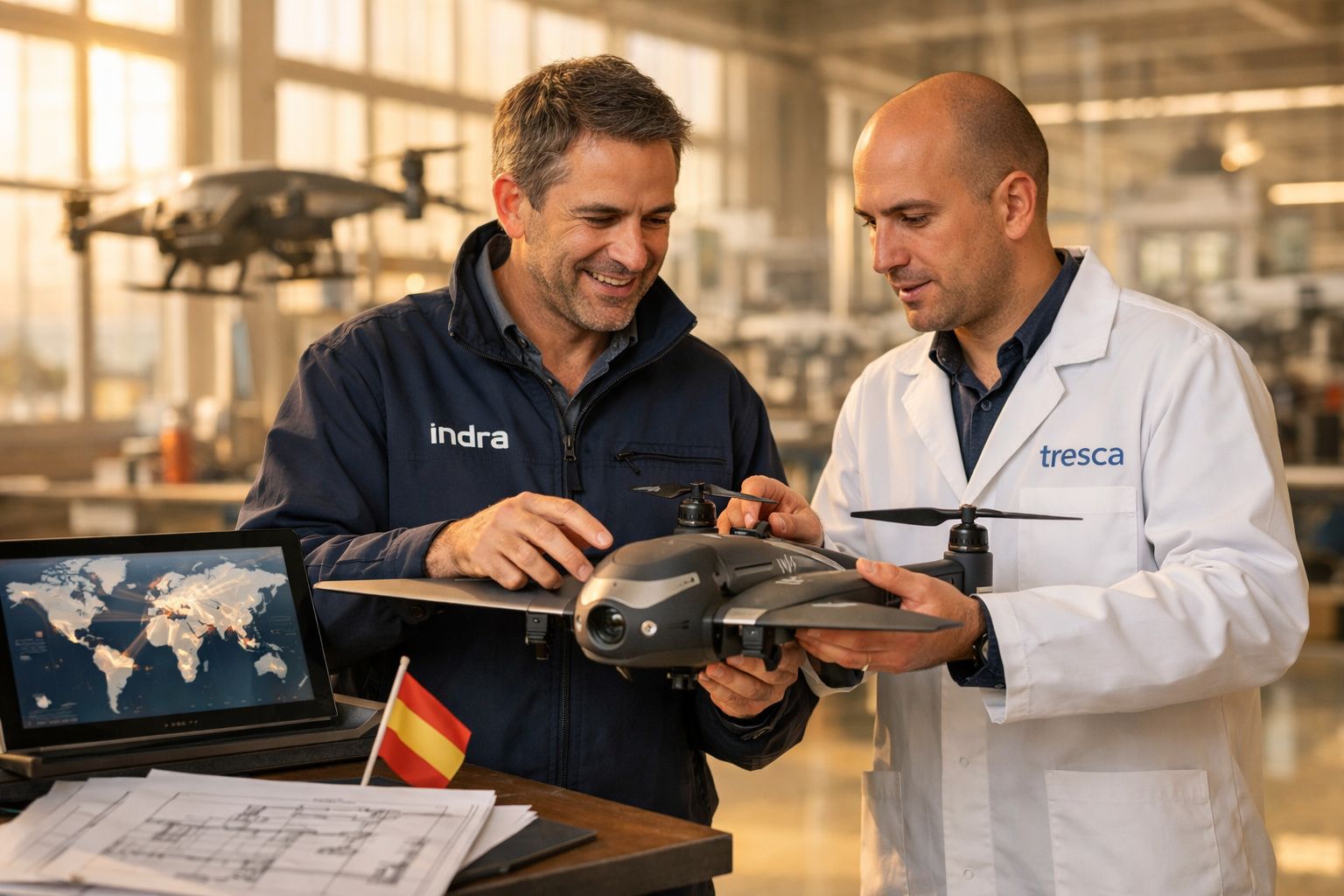 Dois homens analisam e ajustam um drone num ambiente industrial com computador e bandeira de Espanha sobre a mesa.