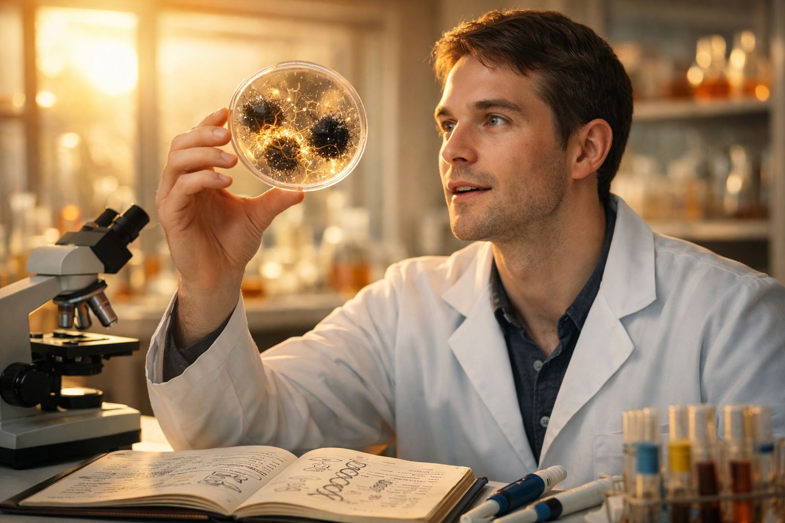 Homem em bata branca a examinar uma placa de Petri com fungos num laboratório iluminado.