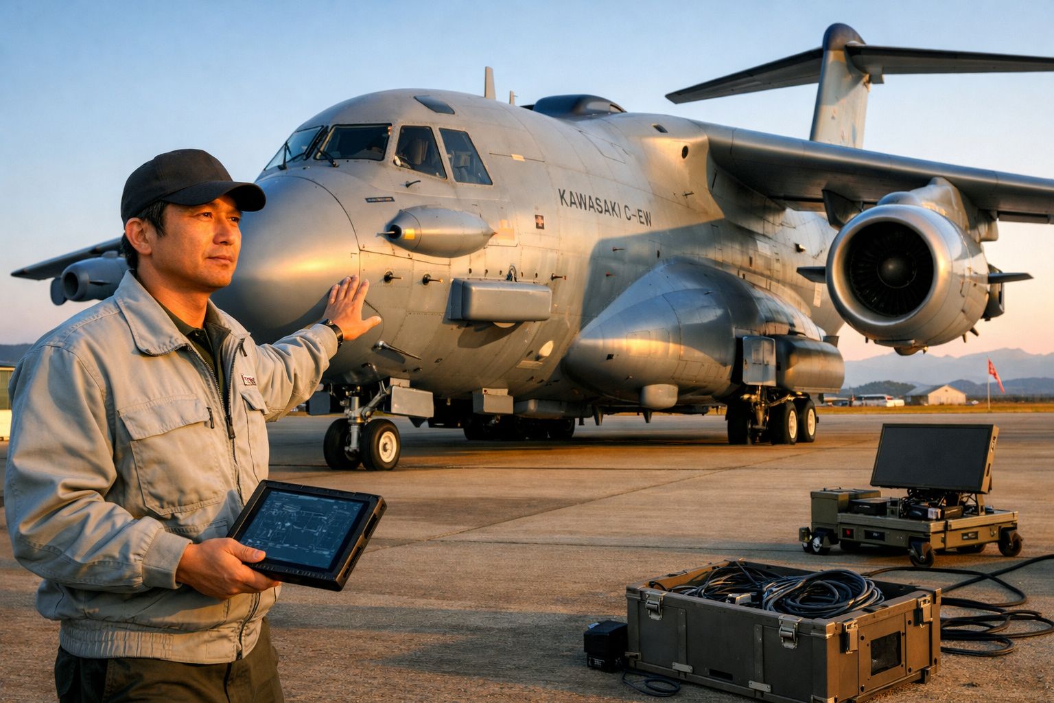 Homem com tablet junto a avião militar cinzento estacionado em pista de aeroporto ao pôr do sol.