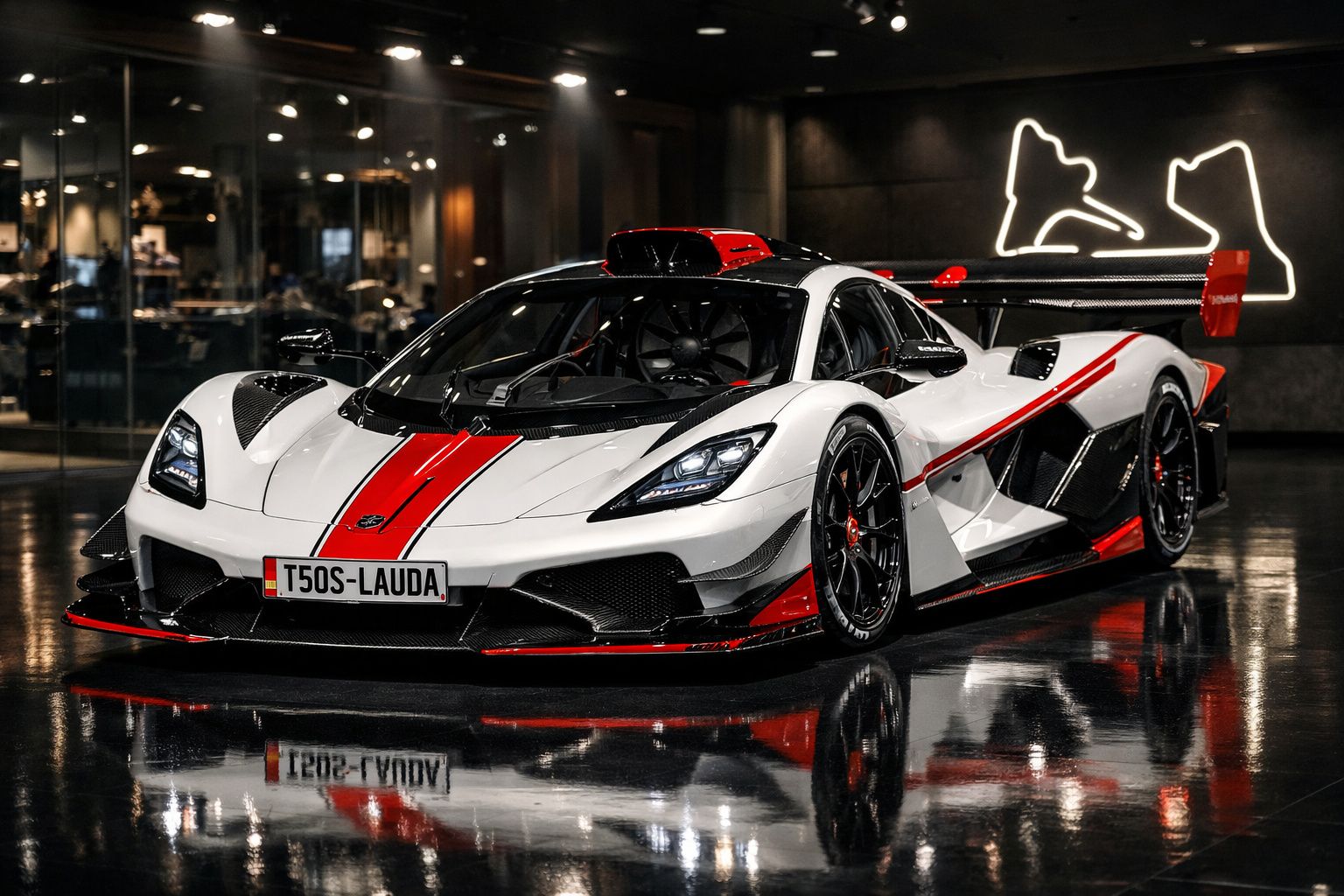 Carro desportivo branco com detalhes vermelhos e preto, mostrado numa garagem brilhante e moderna.