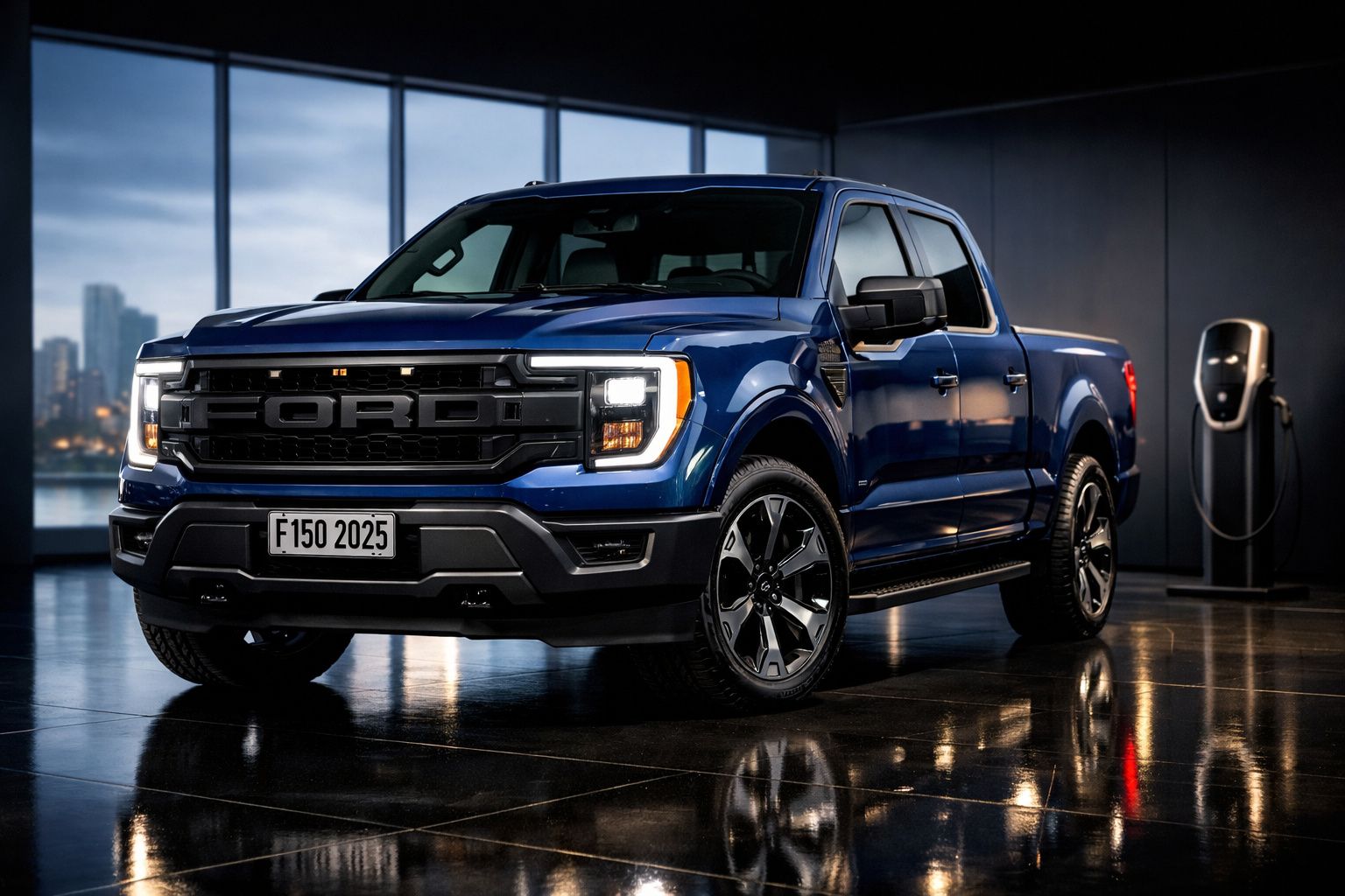 Picape elétrica Ford F-150 azul estacionada junto a posto de carregamento num espaço moderno.