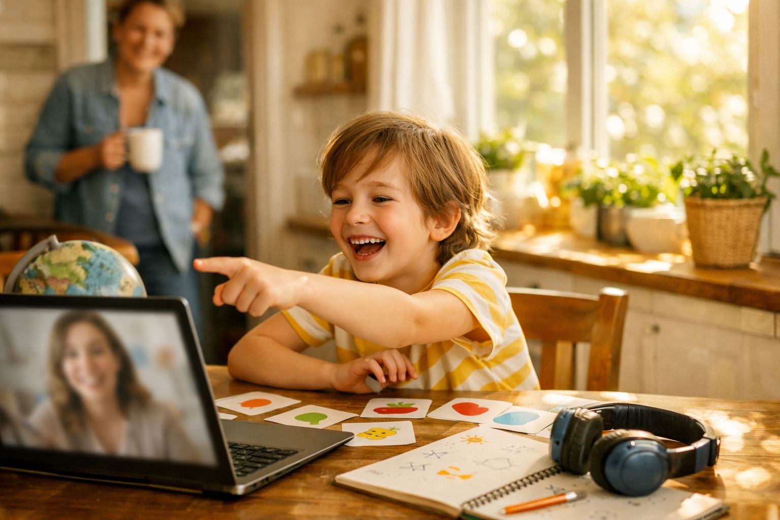 Criança sorridente a participar numa aula online com cartas educativas numa mesa iluminada pela luz natural.