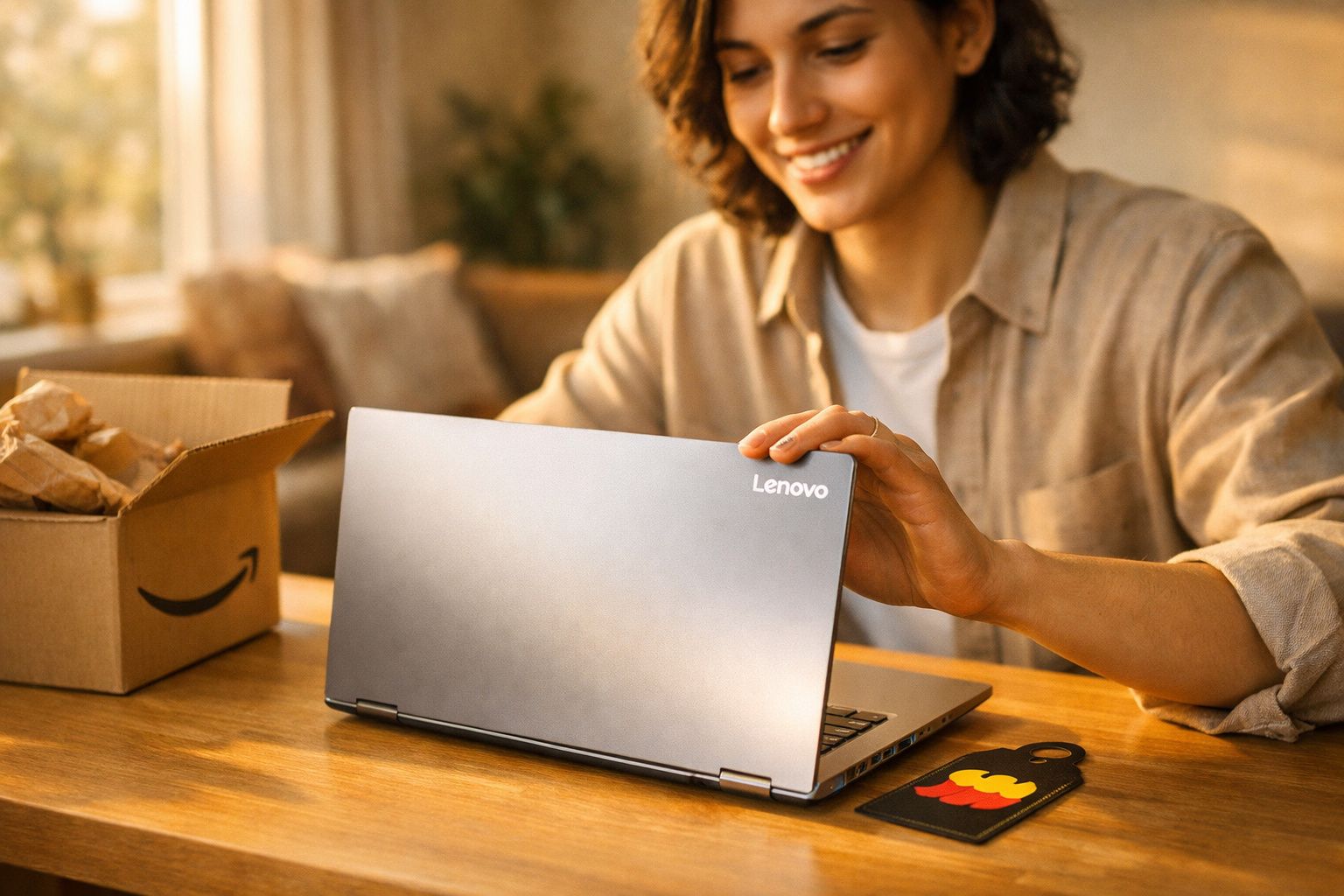 Pessoa sorridente a abrir um portátil Lenovo numa mesa ao lado de uma caixa de encomenda Amazon.