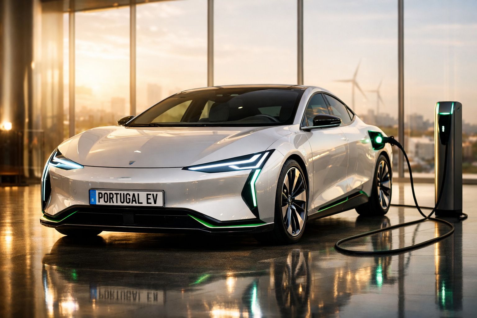 Carro elétrico branco moderno a carregar numa estação de carregamento em ambiente interior com turbinas eólicas.