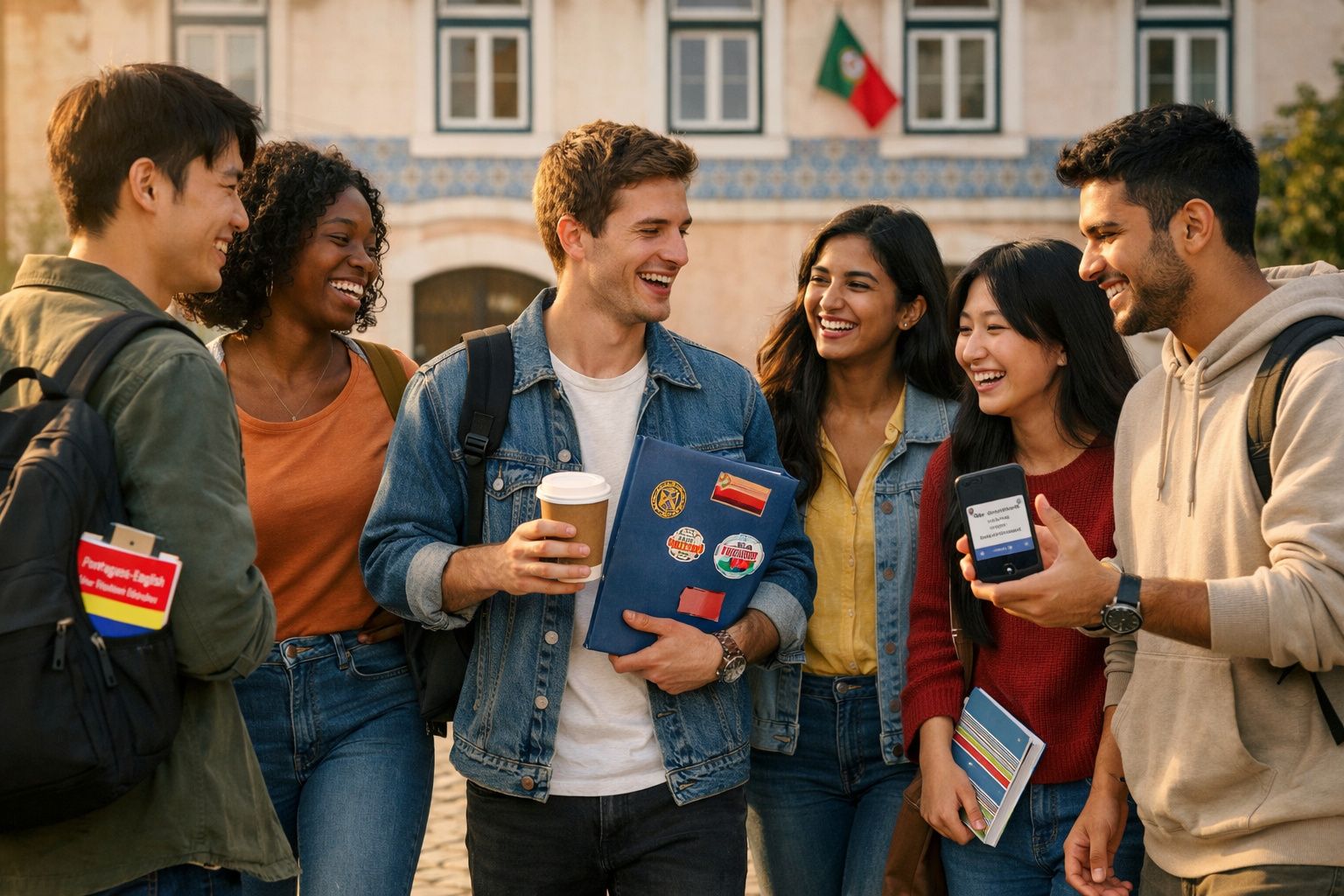 Grupo diversificado de estudantes a sorrir e conversar ao ar livre, com mochilas e livros nas mãos.