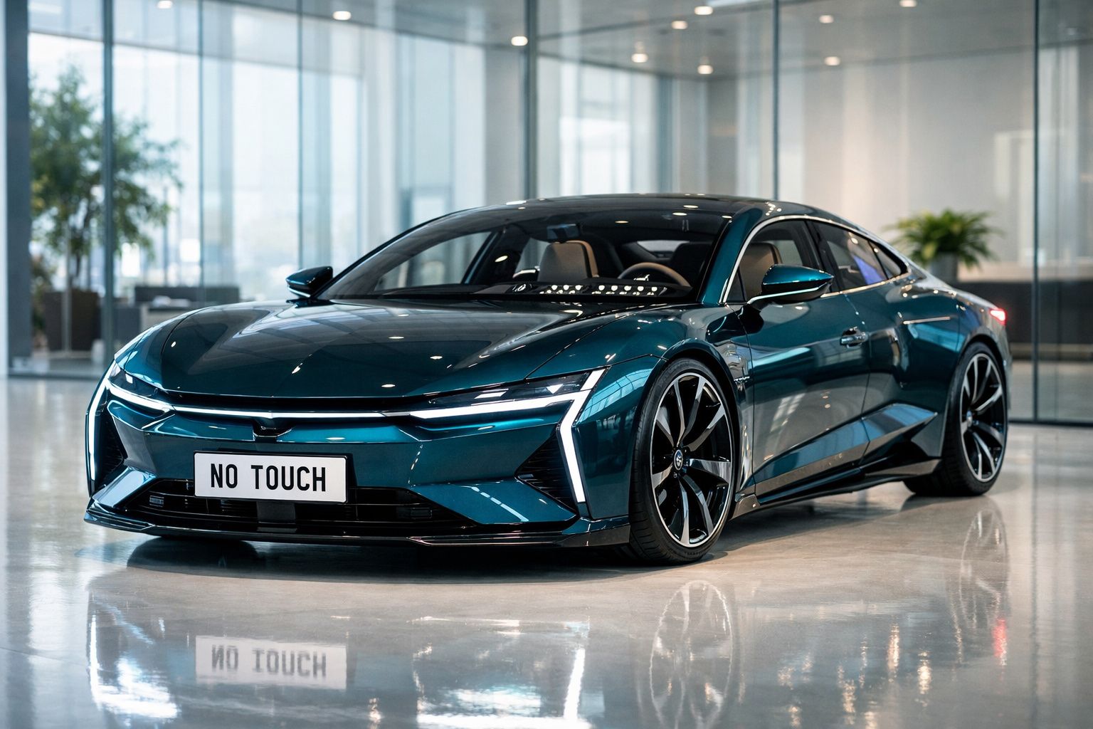Carro desportivo elétrico azul metálico com design futurista, estacionado em piso refletor dentro de exposição.